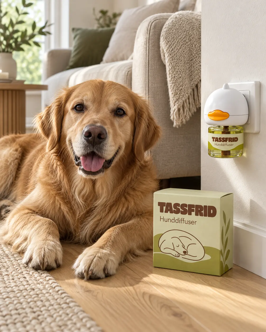 Golden retriever ligger lugnt på golvet bredvid Tassfrid-diffusern