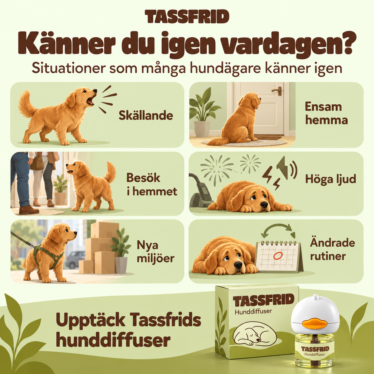 Sex illustrerade vardagssituationer med hund