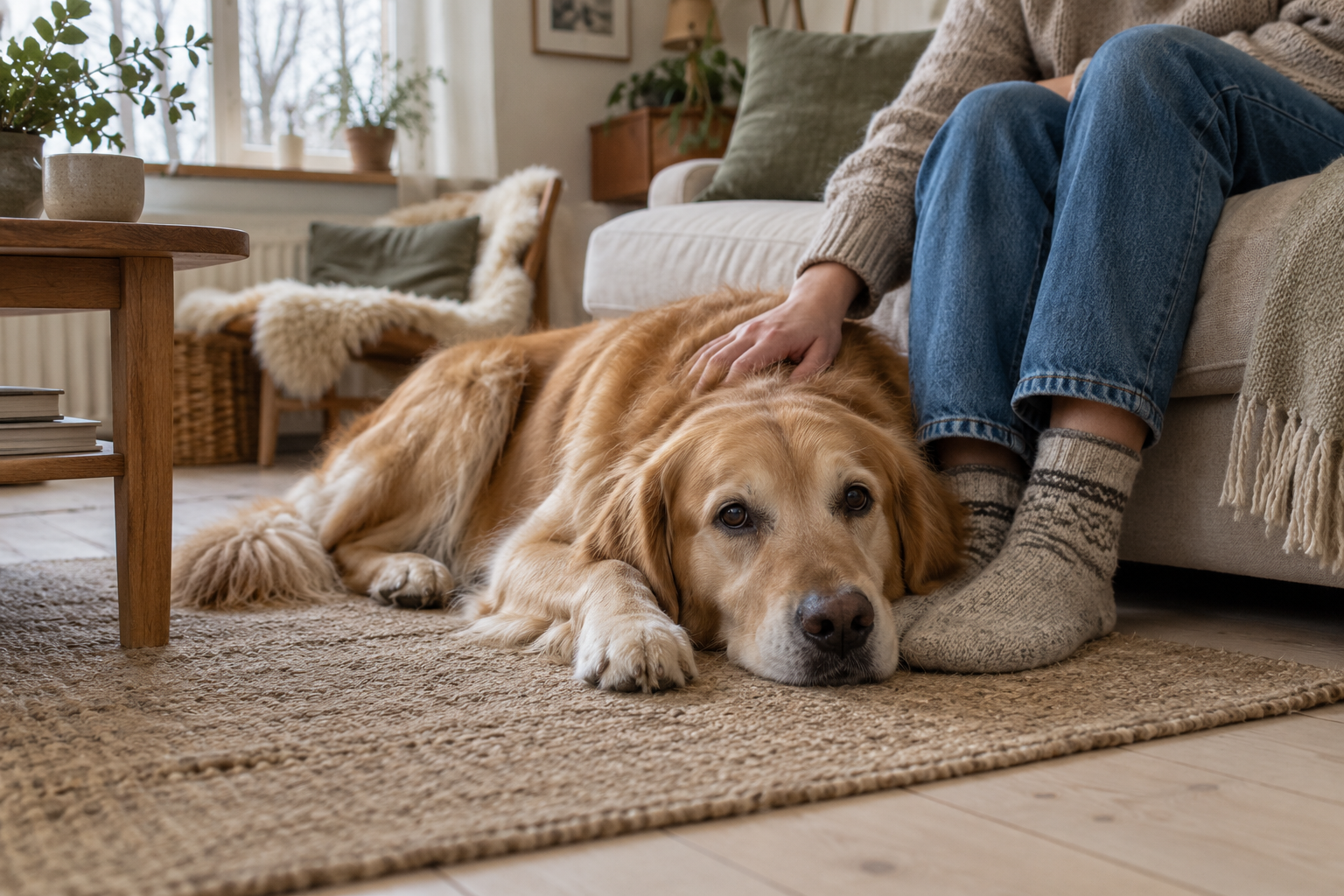 Hund som vilar lugnt intill sin ägare i soffan