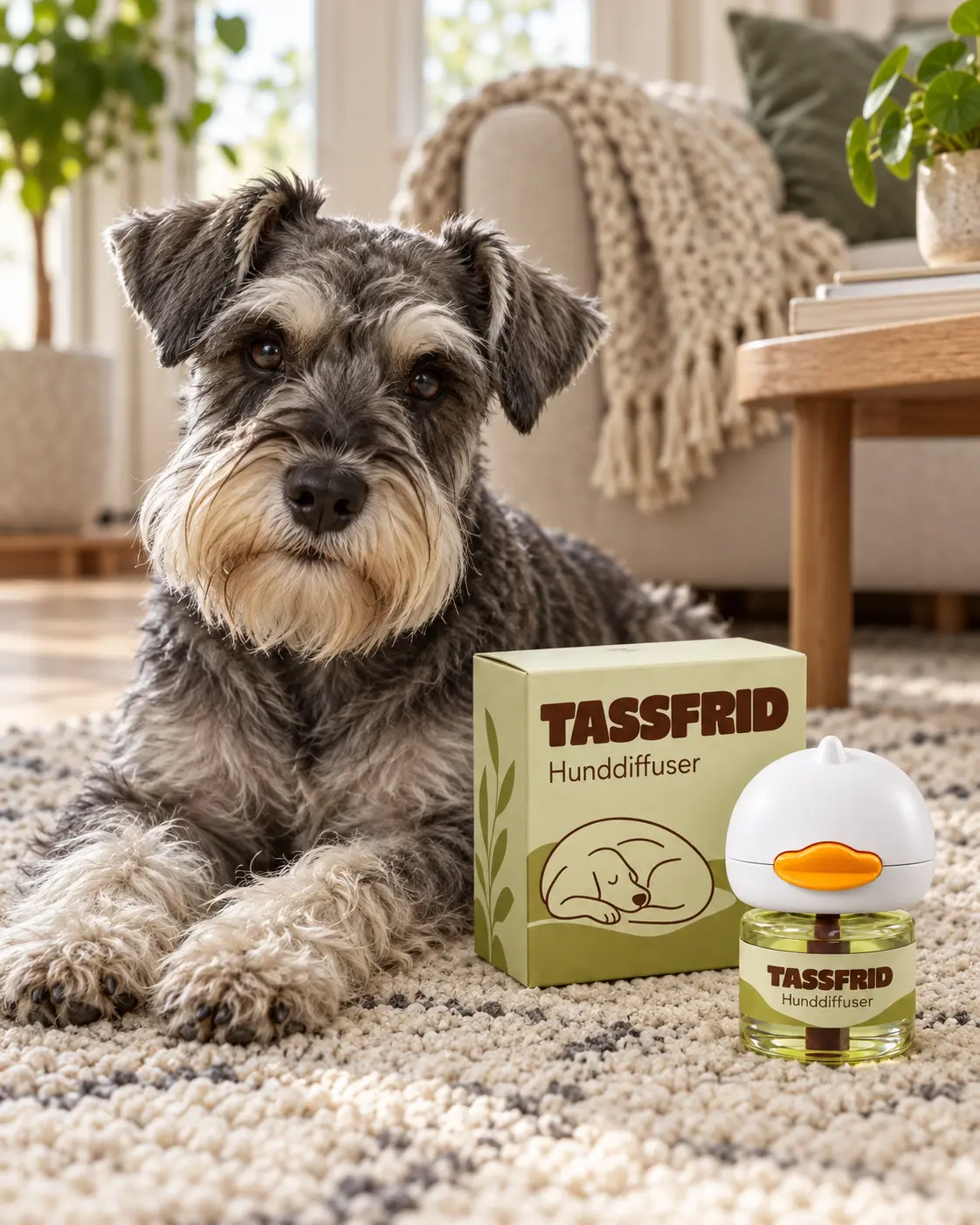 Dvärgschnauzer ligger på mattan bredvid Tassfrid-förpackningen
