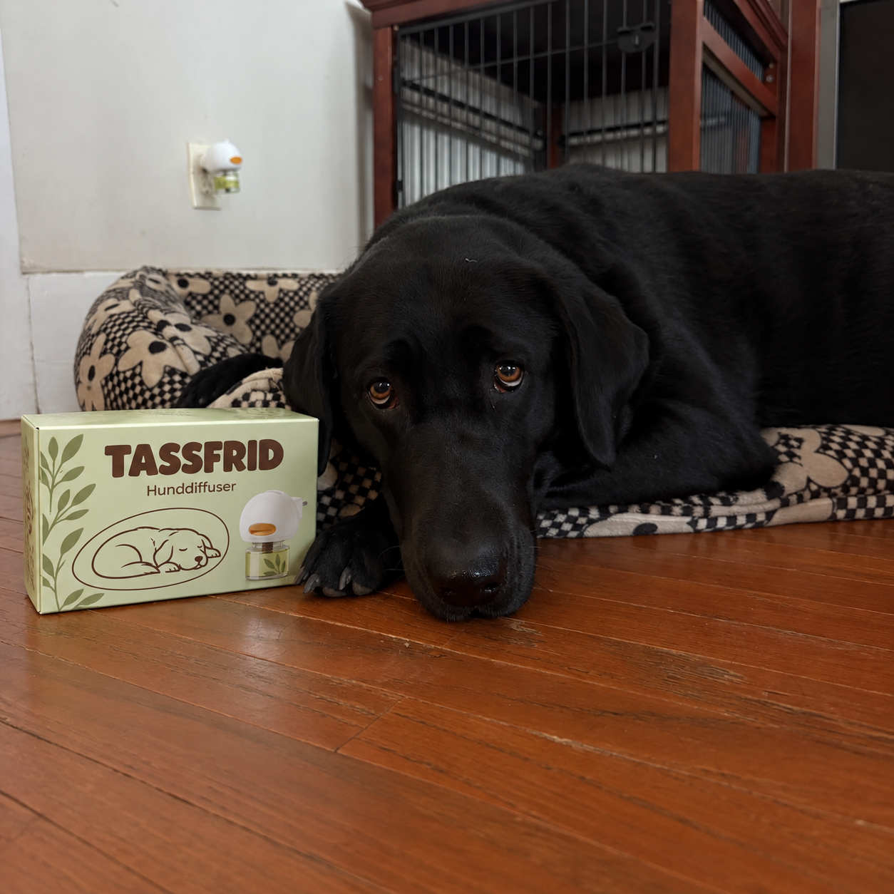 Svart labrador bredvid Tassfrid-diffuser