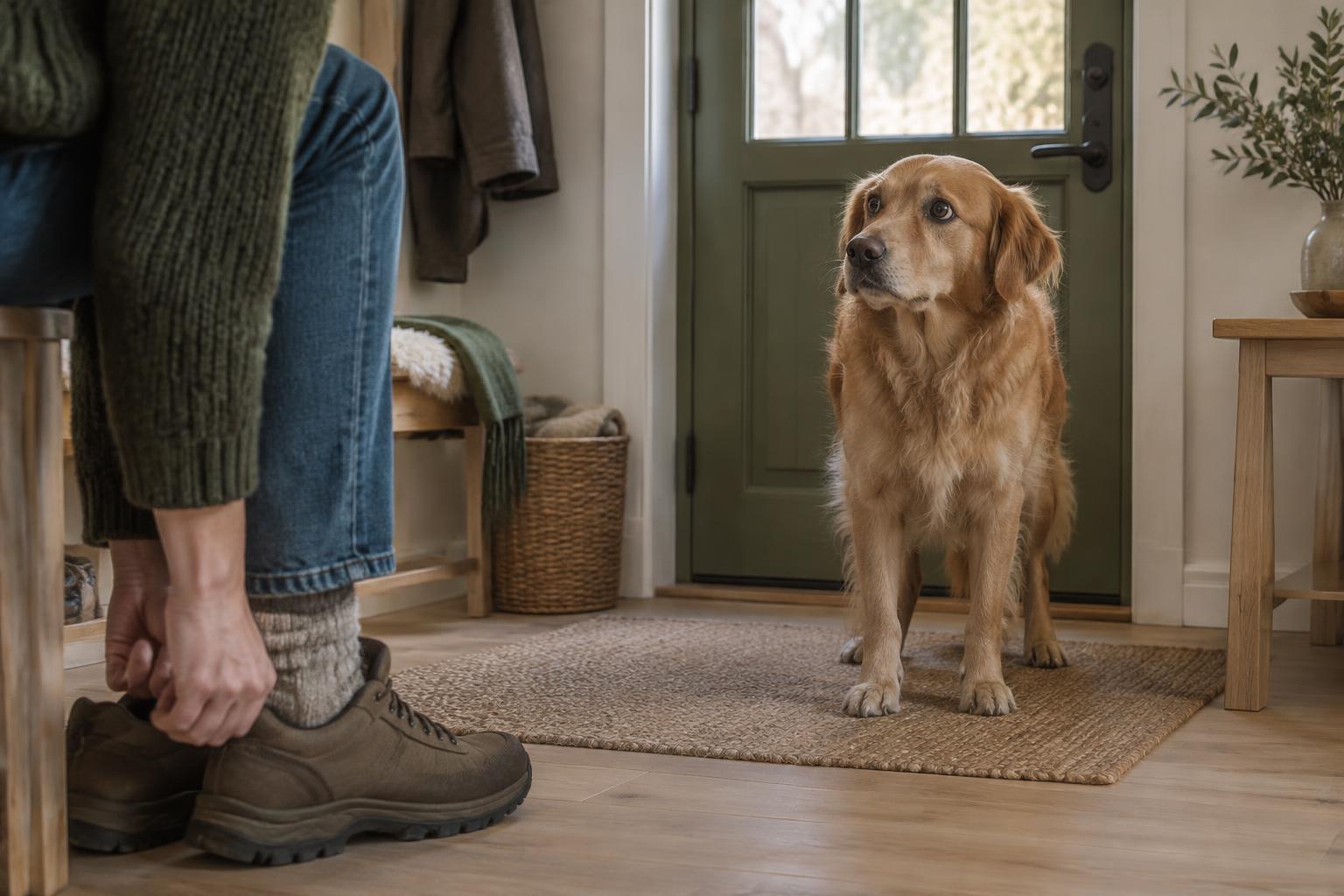 Hund står spänd vid ytterdörren medan någon knyter skorna
